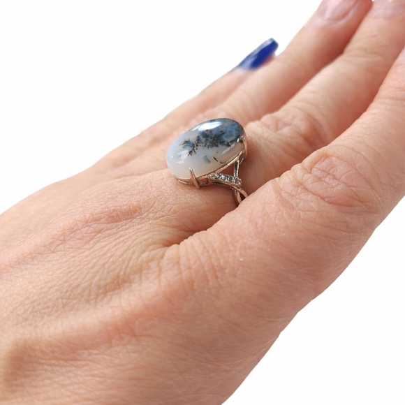 S925 Dendritic Blue agate ring adjustable size band - Picture 2 of 10